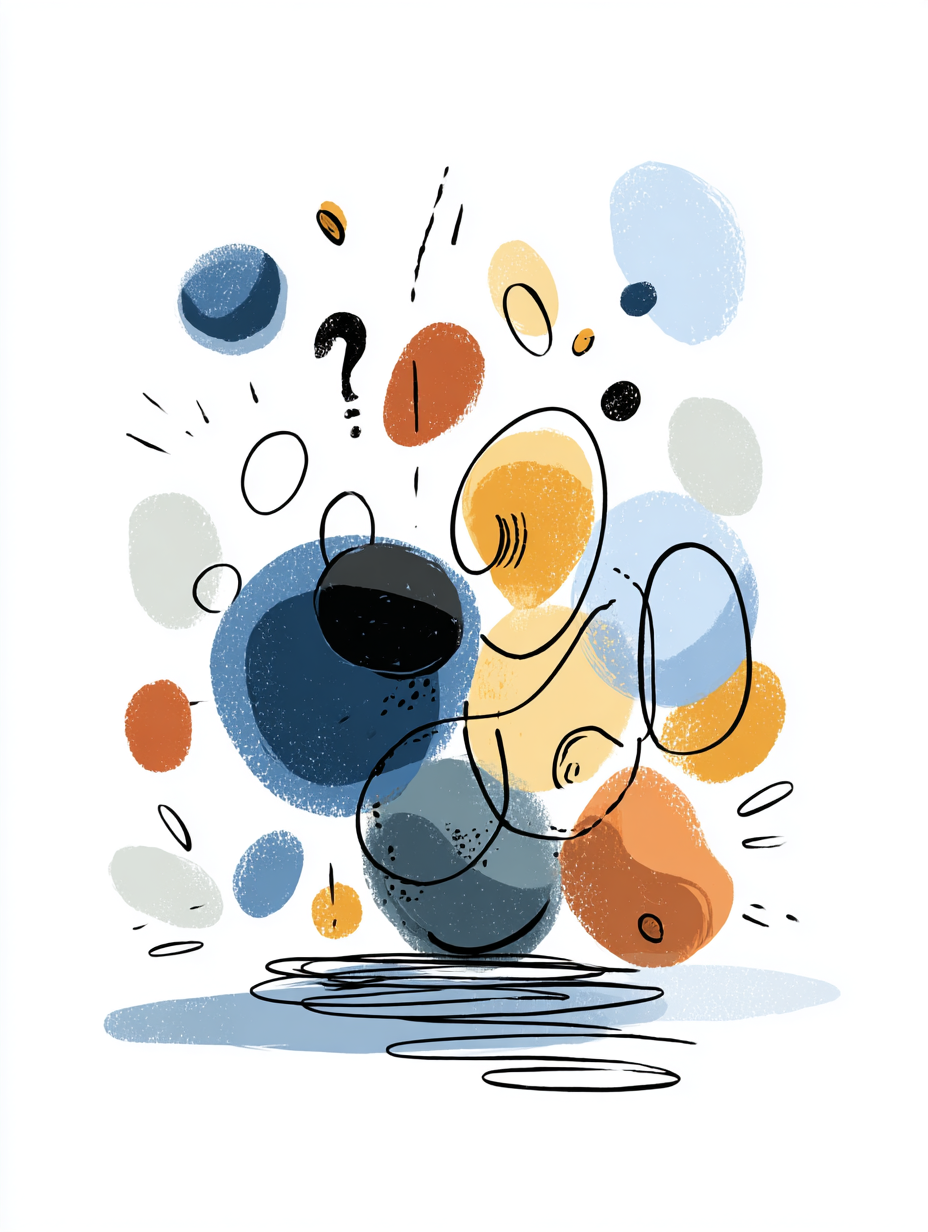 Abstrakte Illustration mit geometrischen Formen und verspielten Elementen